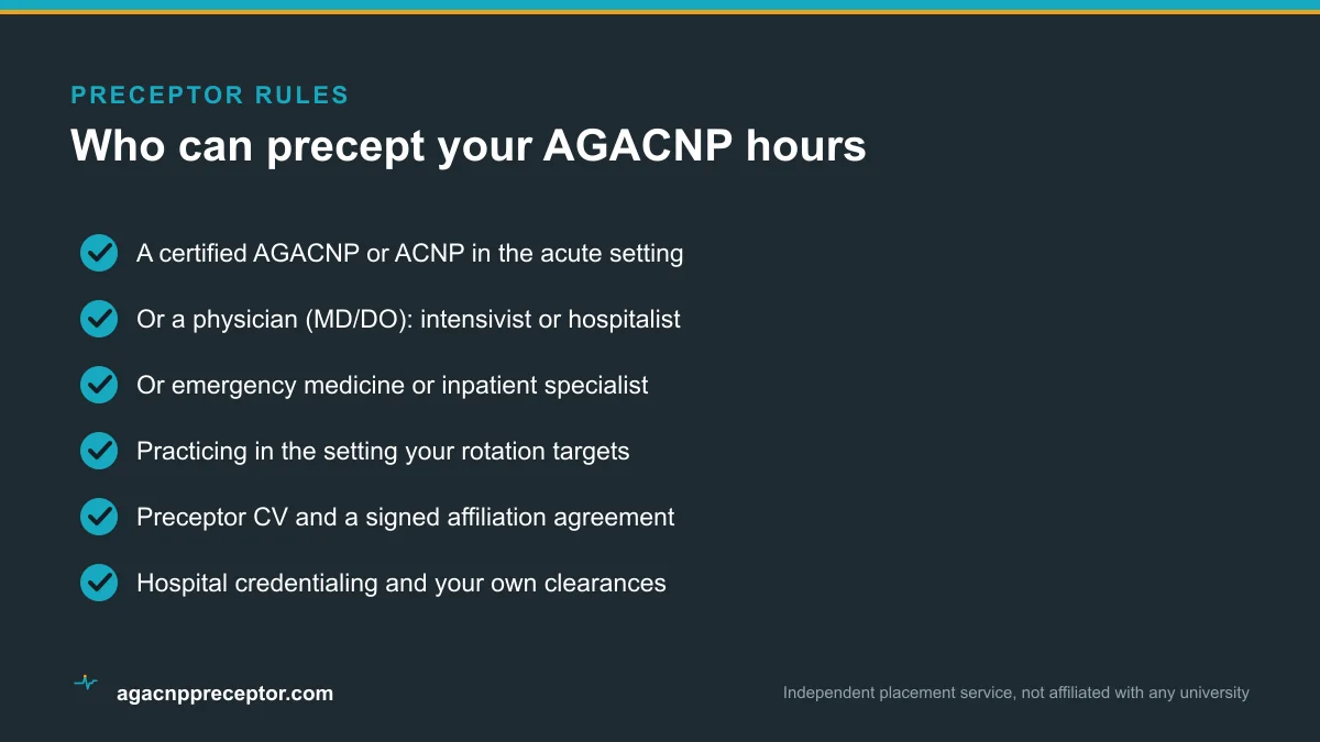 Checklist of who qualifies as an AGACNP preceptor and what documentation an approvable placement needs